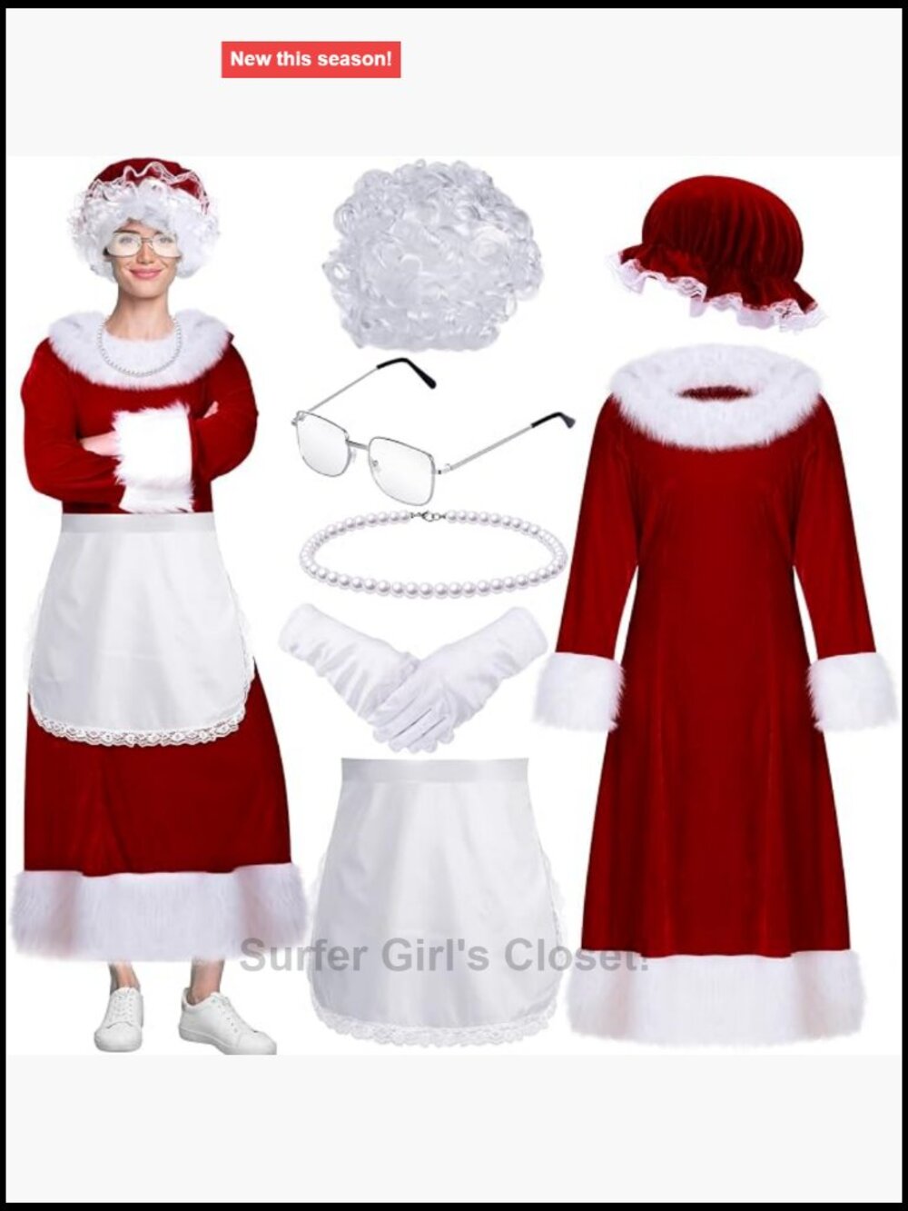 Mrs Claus Velvet Costume Set with Faux Fur Trim Dress Apron Hat Wig